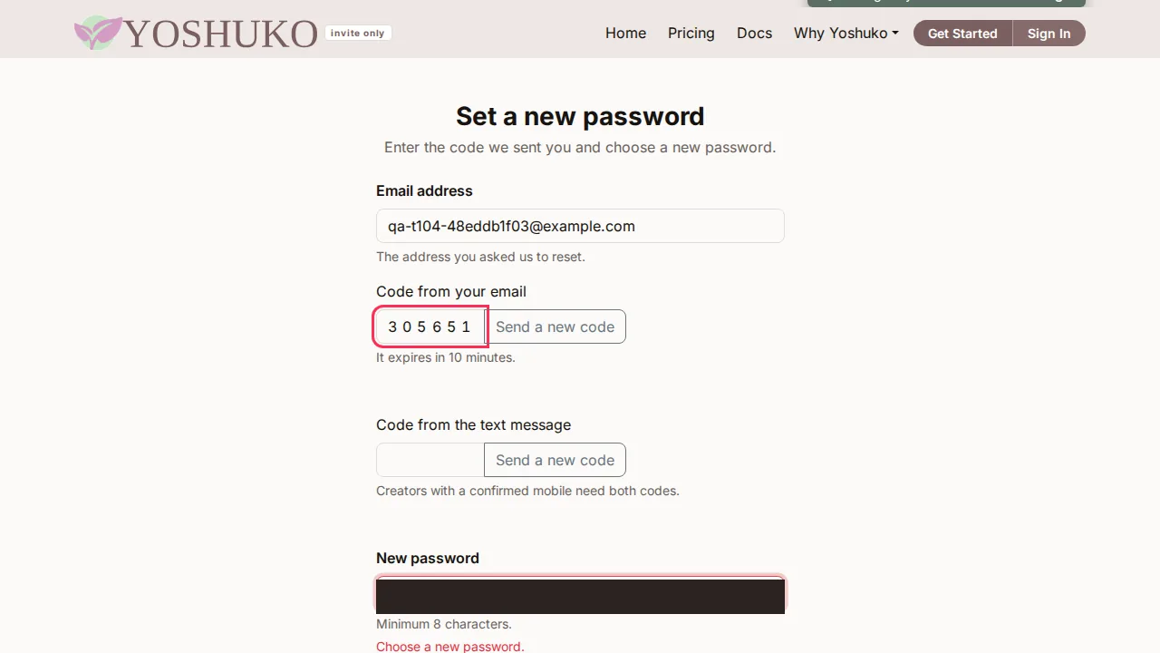 Set a new password screen
