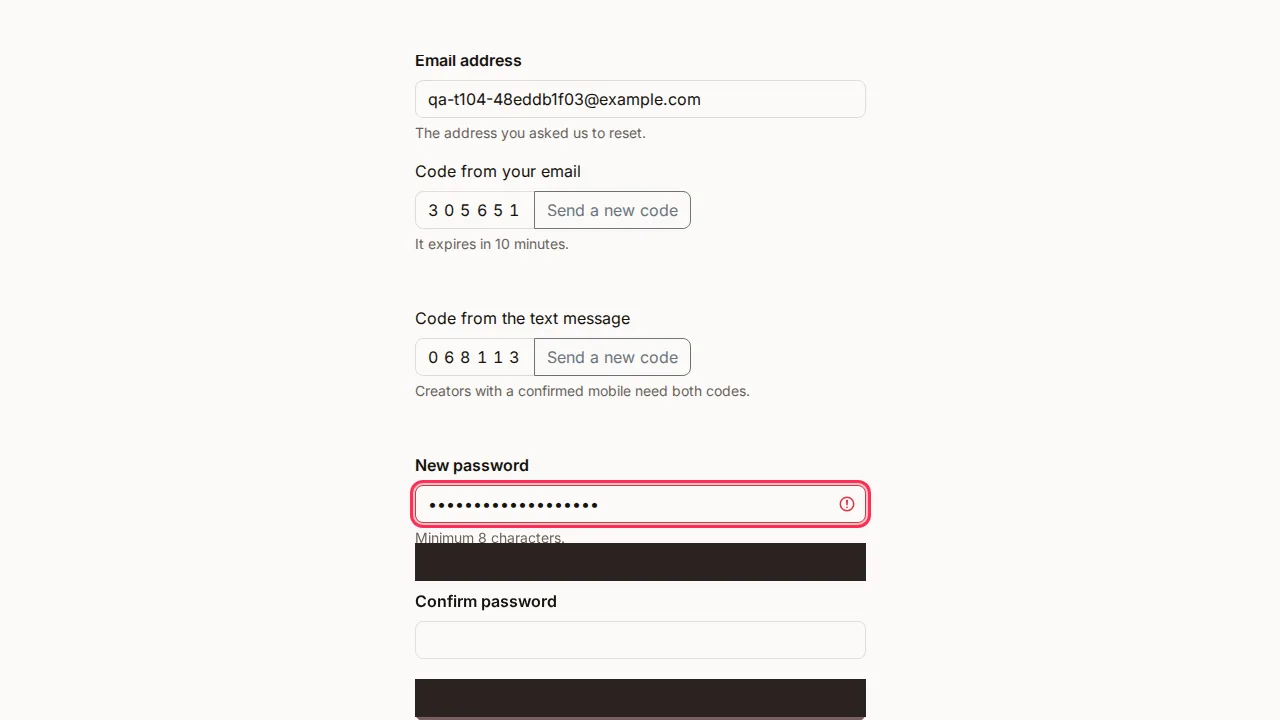 Set a new password screen