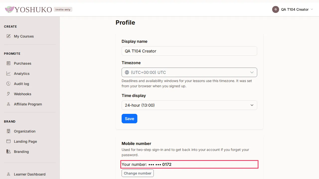 Profile and mobile number screen