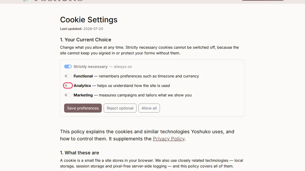 Cookie Settings screen