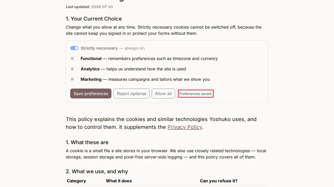 Cookie Settings screen