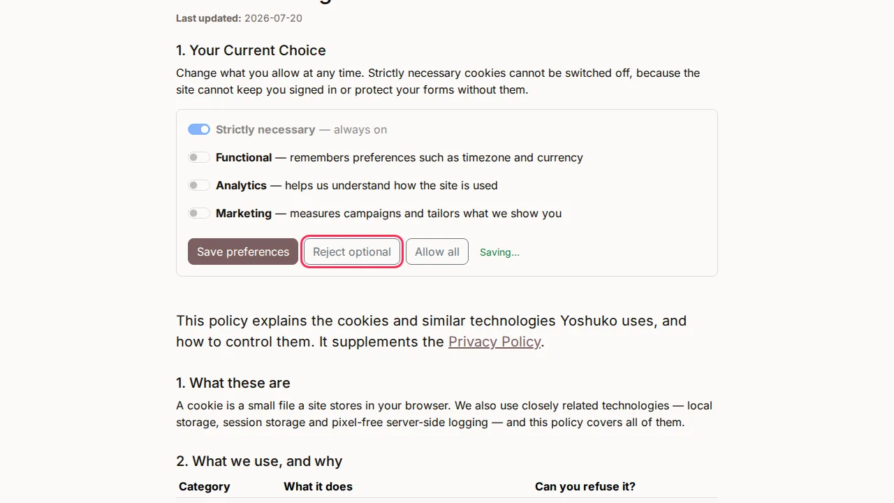 Cookie Settings screen