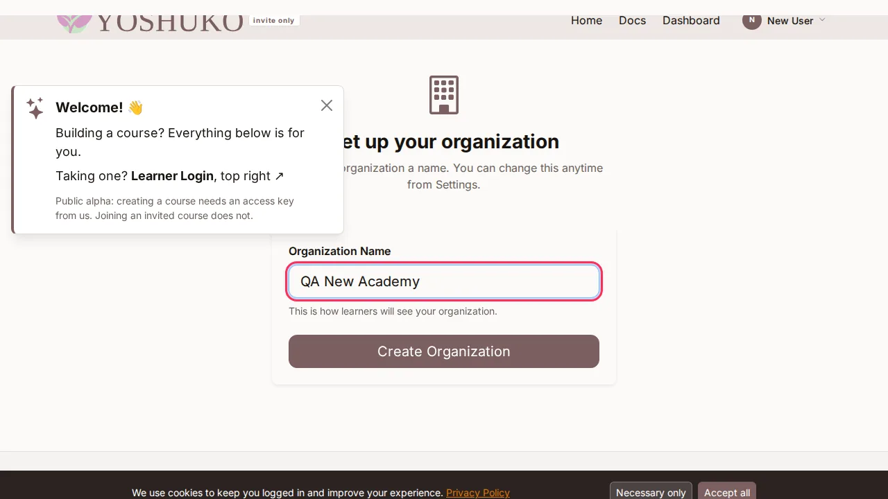 Create your organisation screen