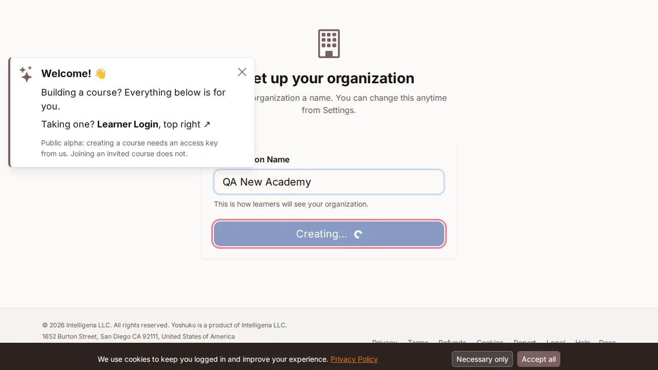 Create your organisation screen