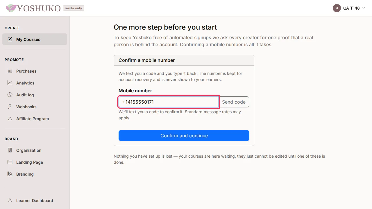 Confirm your account screen