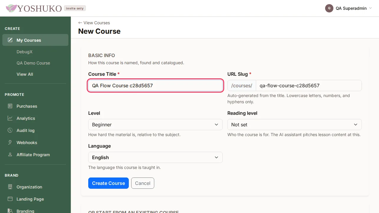New course screen