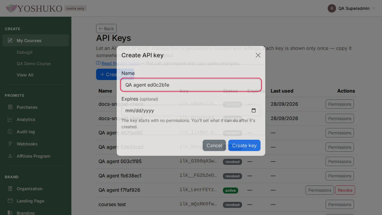 API Keys screen