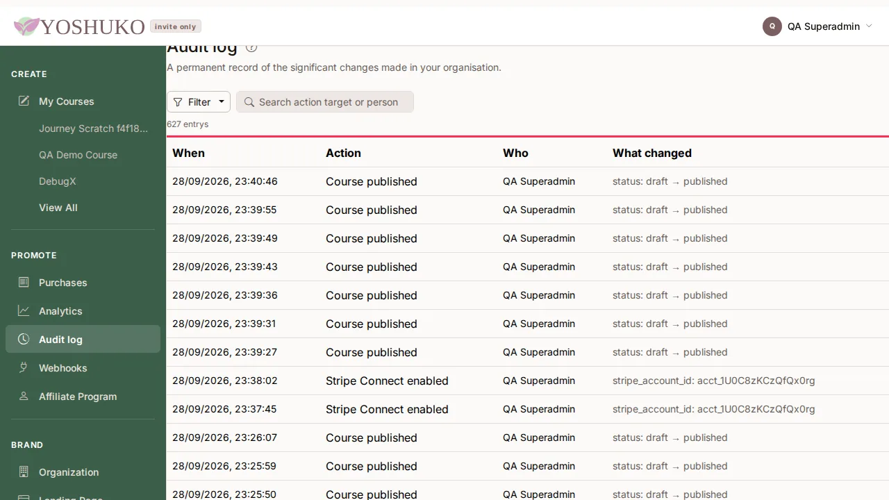 Audit log screen