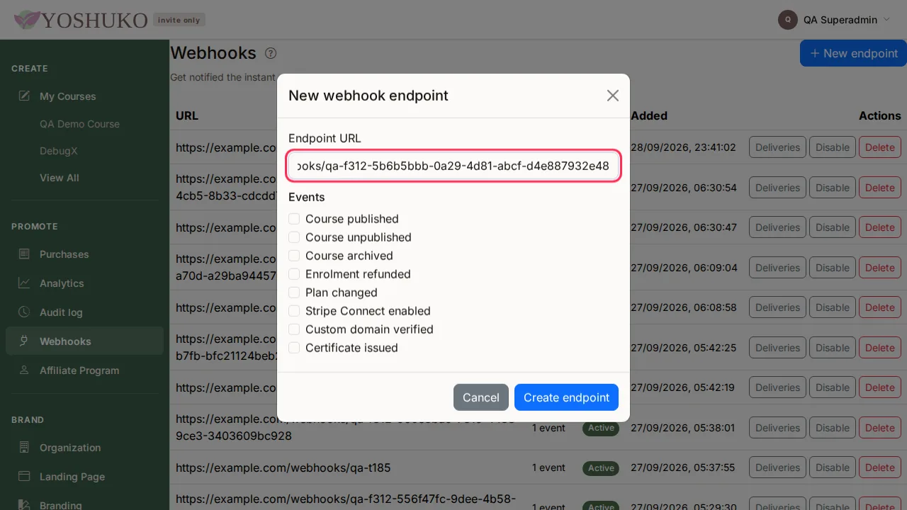 Webhooks screen