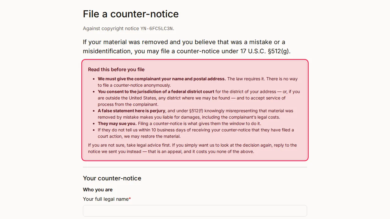 File a counter-notice screen