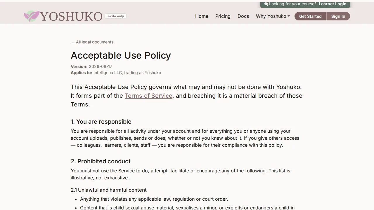 Acceptable Use Policy screen