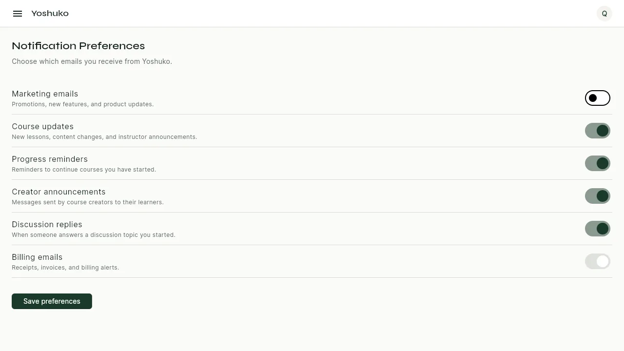 Notification preferences screen